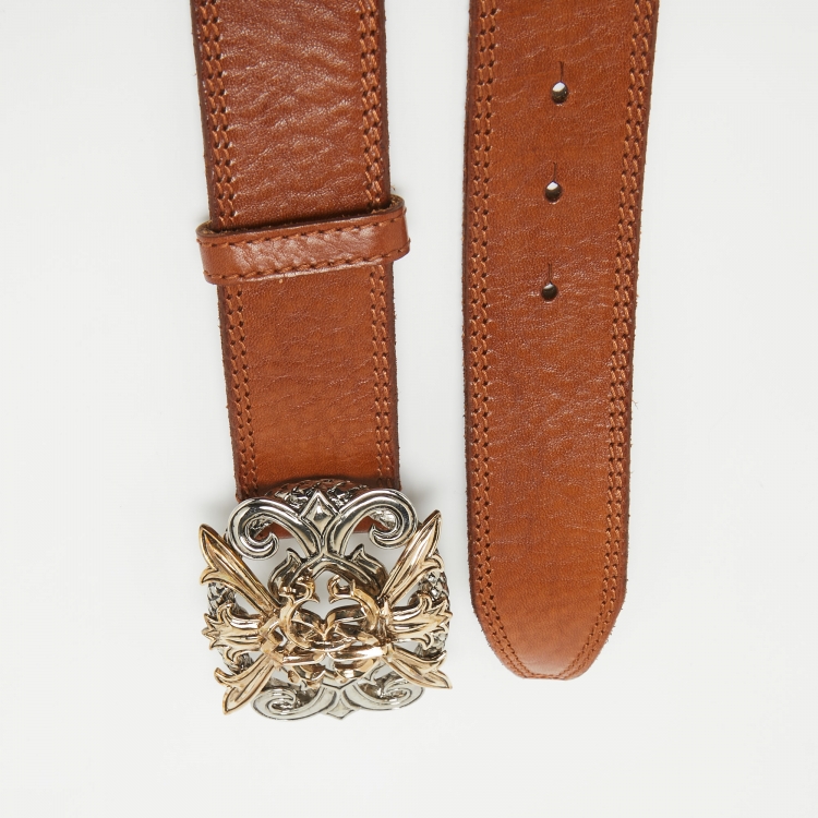 Pre Owned Roberto Cavalli Brown Leather RC Metal Buckle Belt 110CM