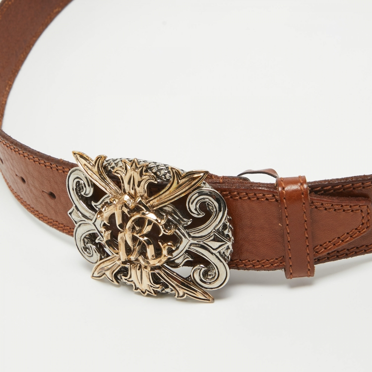Pre Owned Roberto Cavalli Brown Leather RC Metal Buckle Belt 110CM