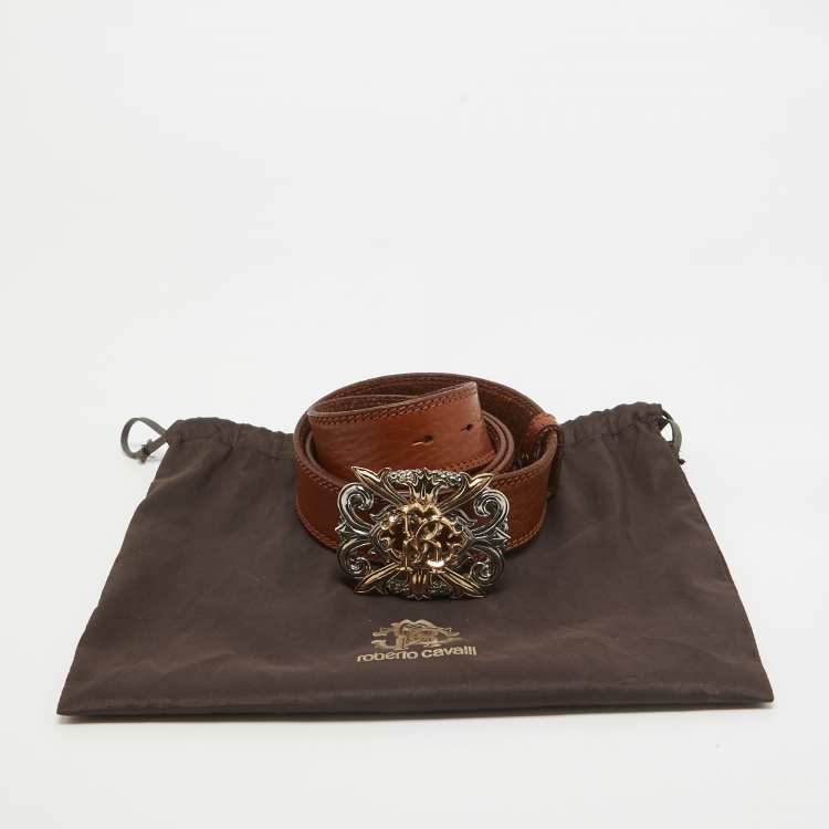 Pre Owned Roberto Cavalli Brown Leather RC Metal Buckle Belt 110CM
