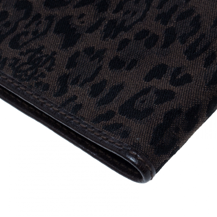 Pre Owned Roberto Cavalli Brown Leopard Print Canvas and Leather Card Case