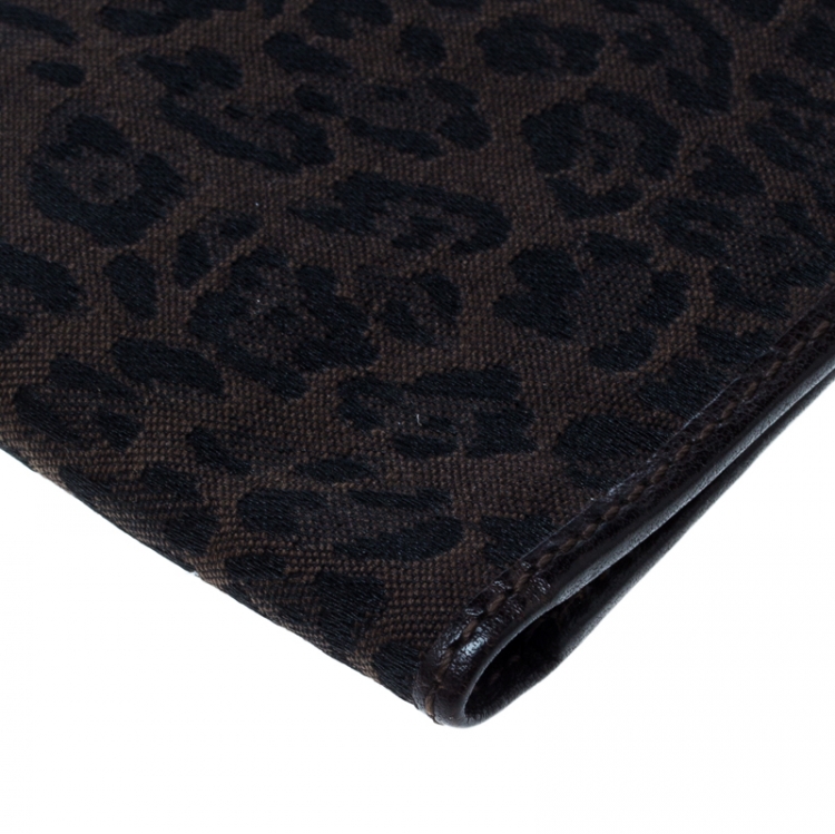 Pre Owned Roberto Cavalli Brown Leopard Print Canvas and Leather Card Case