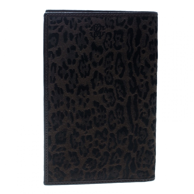 Pre Owned Roberto Cavalli Brown Leopard Print Canvas and Leather Card Case