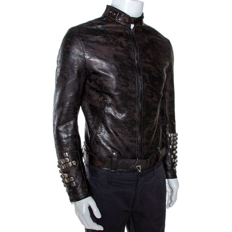 مملوكة مسبقًا Roberto Cavalli Black Marble Print Leather Studded Jacket M 