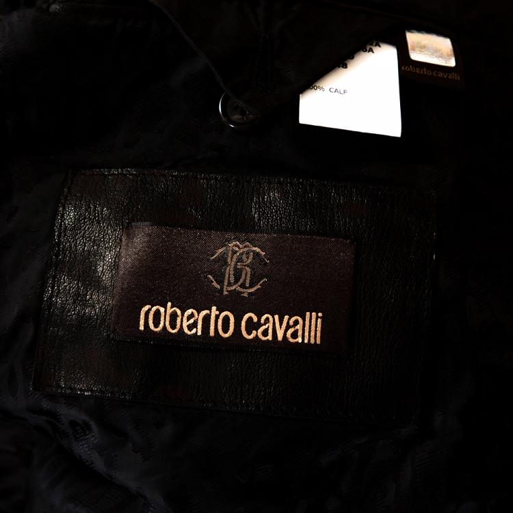 مملوكة مسبقًا Roberto Cavalli Black Marble Print Leather Studded Jacket M 