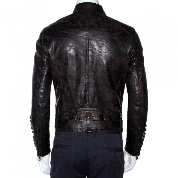 مملوكة مسبقًا Roberto Cavalli Black Marble Print Leather Studded Jacket M 
