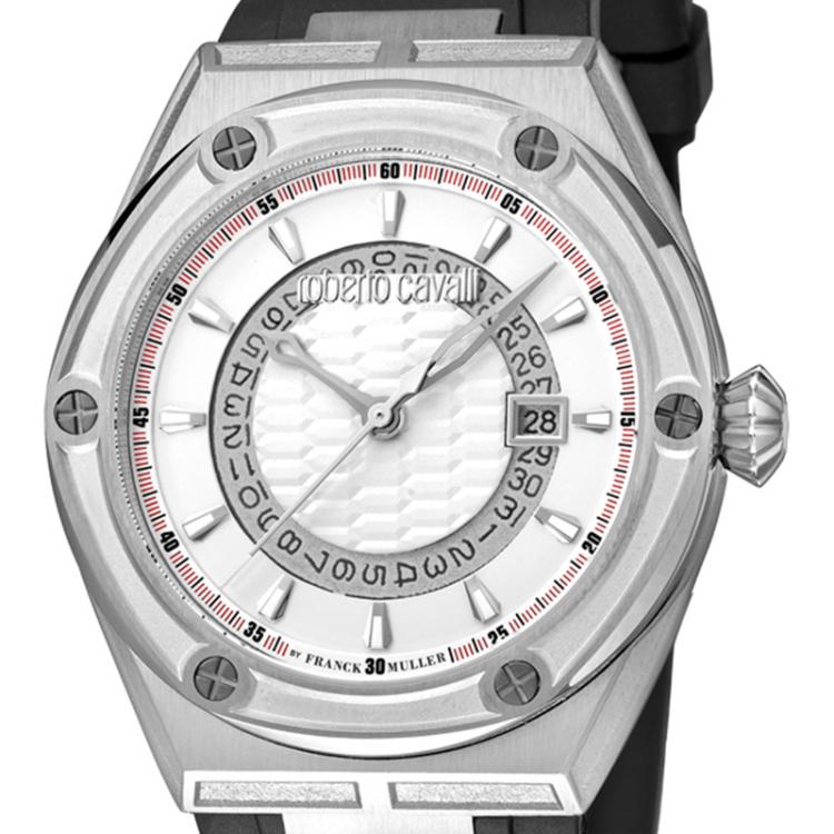 Pre Owned Roberto Cavalli Silver Stainless Steel and Rubber RV1G065P0011 Men's Wristwatch 45MM