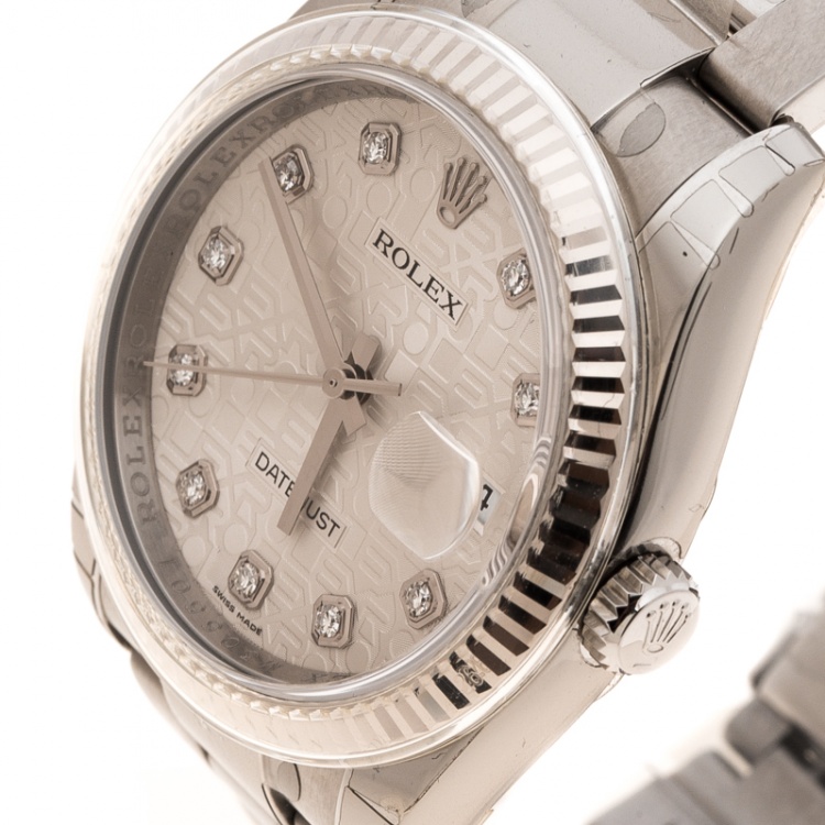 Pre Owned Rolex Silver Jubilee Dial 18K White Gold Stainless Steel and Diamonds Datejust 116234 Men's Wristwatch 36 mm
