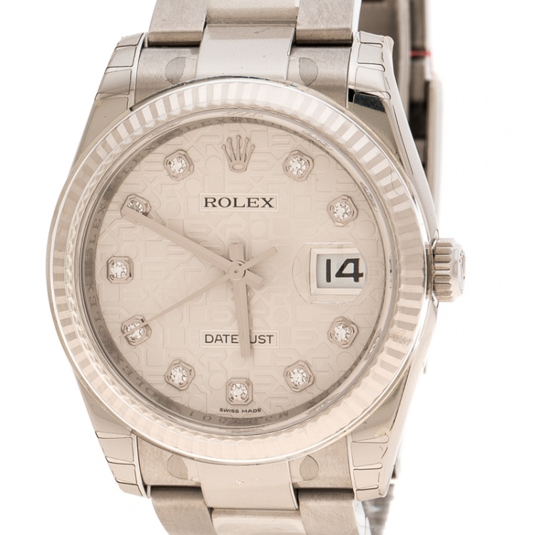 Pre Owned Rolex Silver Jubilee Dial 18K White Gold Stainless Steel and Diamonds Datejust 116234 Men's Wristwatch 36 mm