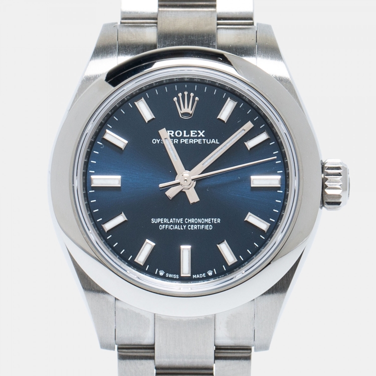 Pre Owned Rolex Blue Oystersteel Oyster Perpetual M276200-0003 Women's Wristwatch 28 mm