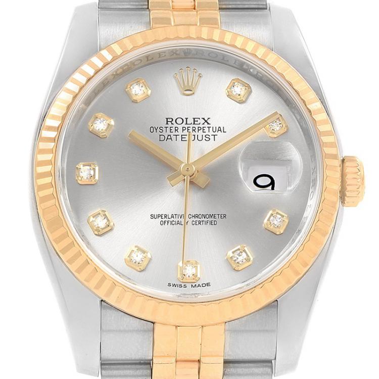 Pre Owned Rolex Silver 18K Yellow Gold and Stainless Steel Datejust Men's Wristwatch 36MM