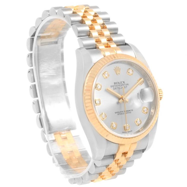 Pre Owned Rolex Silver 18K Yellow Gold and Stainless Steel Datejust Men's Wristwatch 36MM