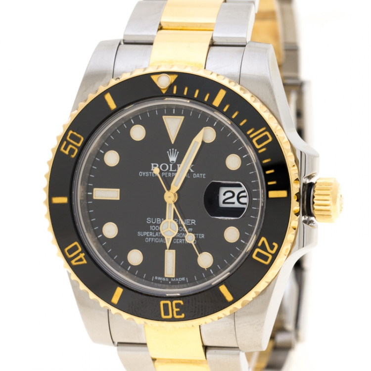 Pre Owned Rolex Black 18K Yellow Gold Stainless Steel Oyster Perpetual Submariner 116613 Men's Wristwatch 40 mm