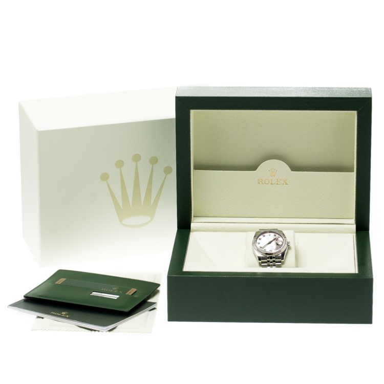 Pre Owned Rolex Dark Mother of Pearl 18K White Gold and Stainless Steel Diamonds Datejust 116234 Men's Wristwatch 36 mm