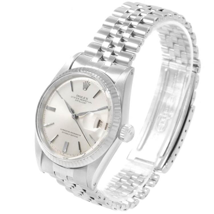 Pre Owned Rolex Silver 18K White Gold and Stainless Steel Datejust Vintage 1601 Men's Wristwatch 36MM
