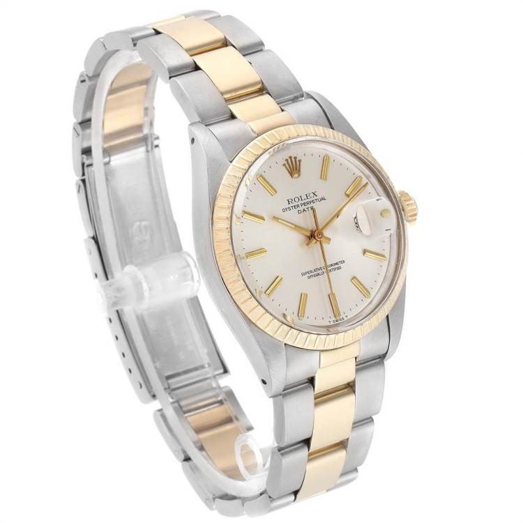 Pre Owned Rolex Silver 14K Yellow Gold and Stainless Steel Date Vintage 1505 Men's Wristwatch 34MM