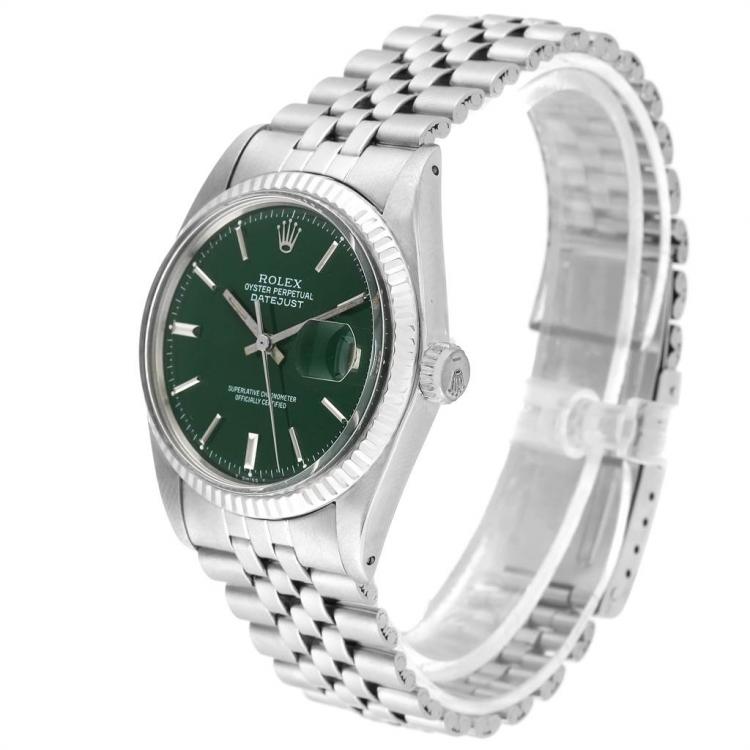 Pre Owned Rolex Green 18K White Gold and Stainless Steel Datejust Vintage 1601 Men's Wristwatch 36MM