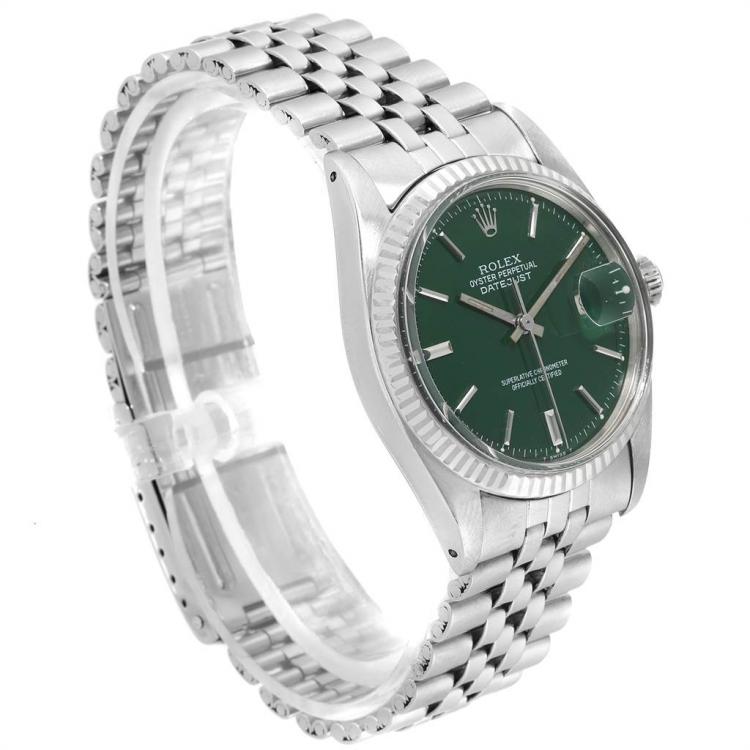 Pre Owned Rolex Green 18K White Gold and Stainless Steel Datejust Vintage 1601 Men's Wristwatch 36MM