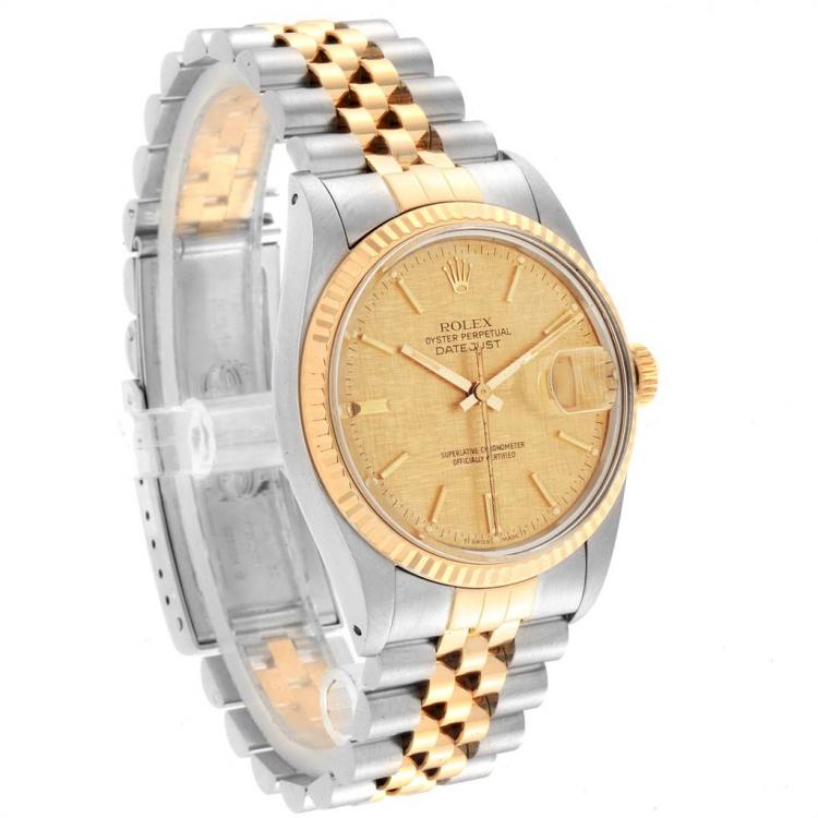Pre Owned Rolex Champagne Linen 18K Yellow Gold and Stainless Steel Datejust Vintage 16013 Men's Wristwatch 36MM