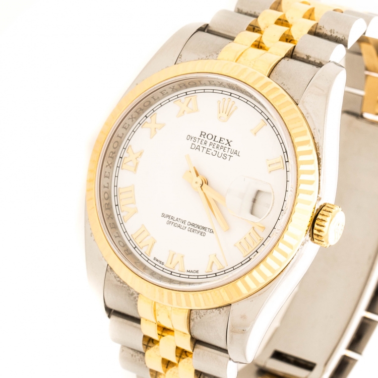 Pre Owned Rolex White 18K Yellow Gold Stainless Steel Datejust 36 116233 Men's Wristwatch 36 mm