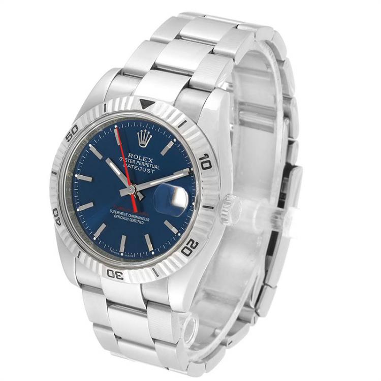 Pre Owned Rolex Blue 18K White Gold And Stainless Steel Datejust Turnograph 116264 Men's Wristwatch 36MM