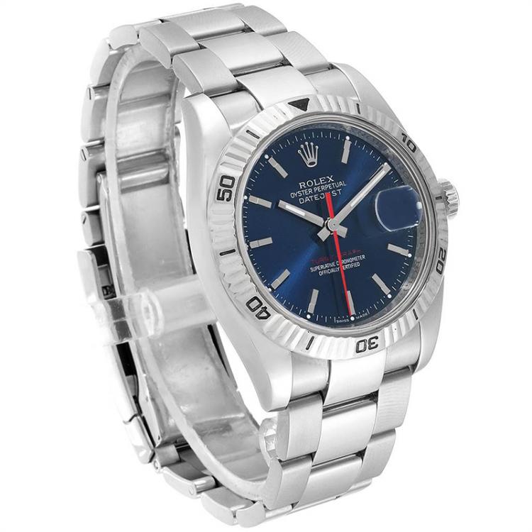 Pre Owned Rolex Blue 18K White Gold And Stainless Steel Datejust Turnograph 116264 Men's Wristwatch 36MM