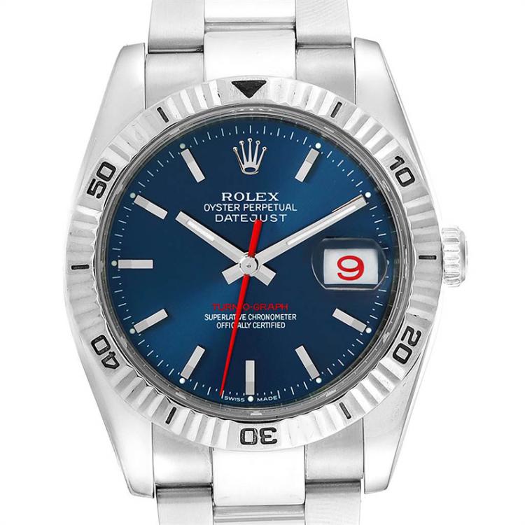 Pre Owned Rolex Blue 18K White Gold And Stainless Steel Datejust Turnograph 116264 Men's Wristwatch 36MM