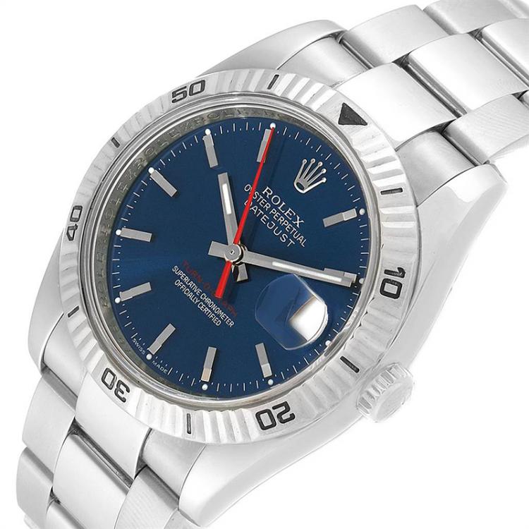 Pre Owned Rolex Blue 18K White Gold And Stainless Steel Datejust Turnograph 116264 Men's Wristwatch 36MM