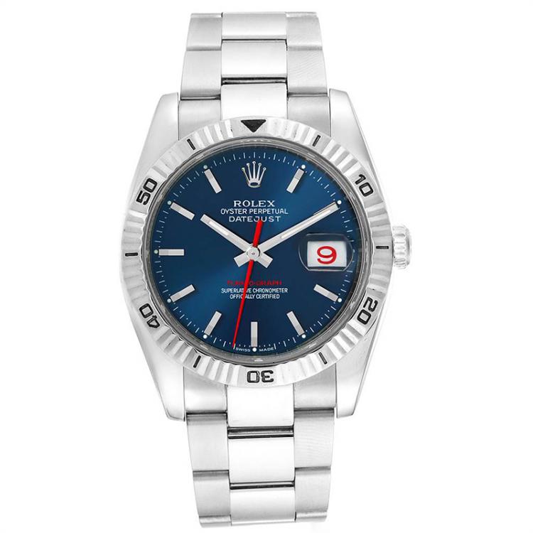 Pre Owned Rolex Blue 18K White Gold And Stainless Steel Datejust Turnograph 116264 Men's Wristwatch 36MM