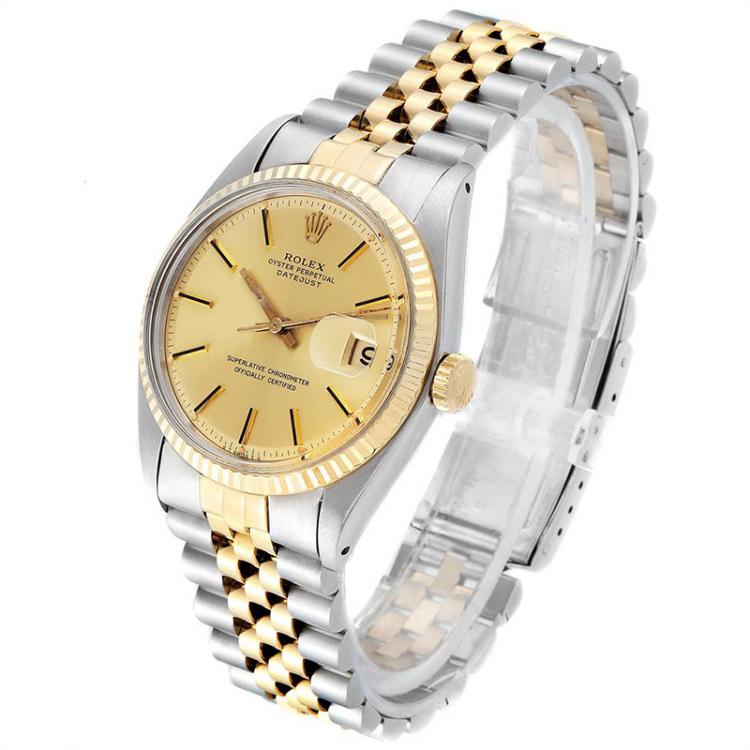 Pre Owned Rolex Champagne 14K Yellow Gold Stainless Steel Datejust 1601 Men's Wristwatch 34 MM