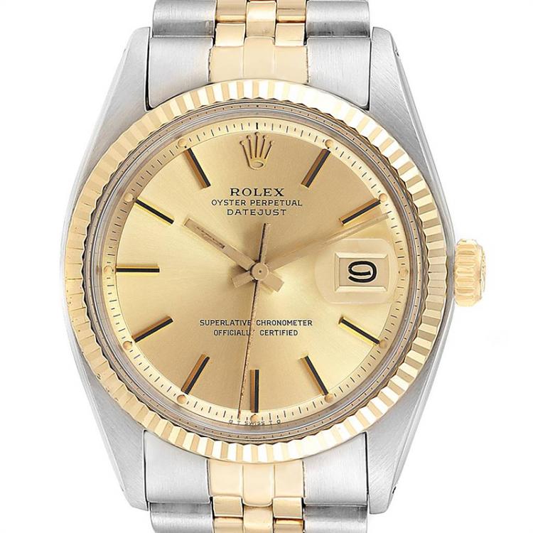 Pre Owned Rolex Champagne 14K Yellow Gold Stainless Steel Datejust 1601 Men's Wristwatch 34 MM
