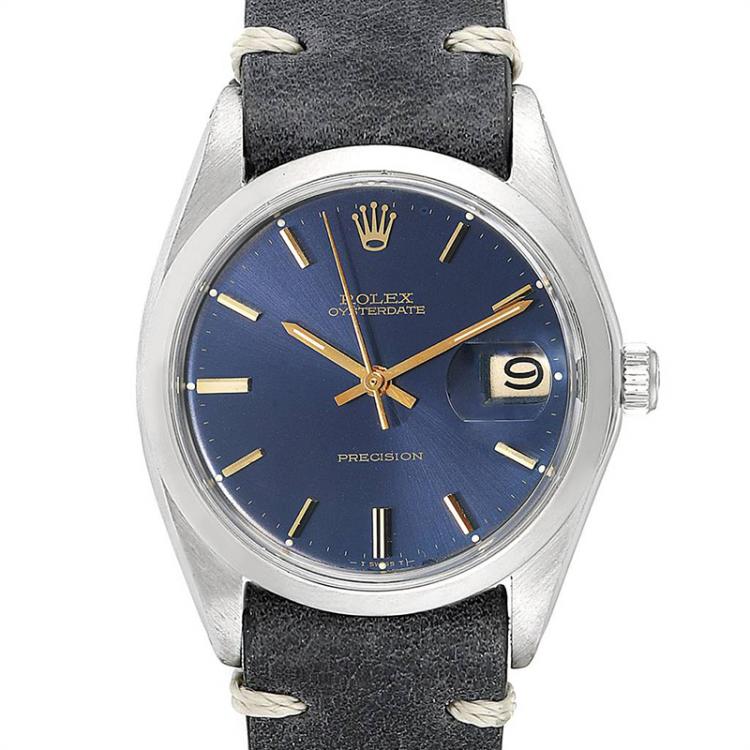 Pre Owned Rolex Blue Leather and Stainless Steel OysterDate Precision 6694 Men's Wristwatch 35MM