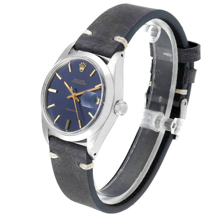 Pre Owned Rolex Blue Leather and Stainless Steel OysterDate Precision 6694 Men's Wristwatch 35MM