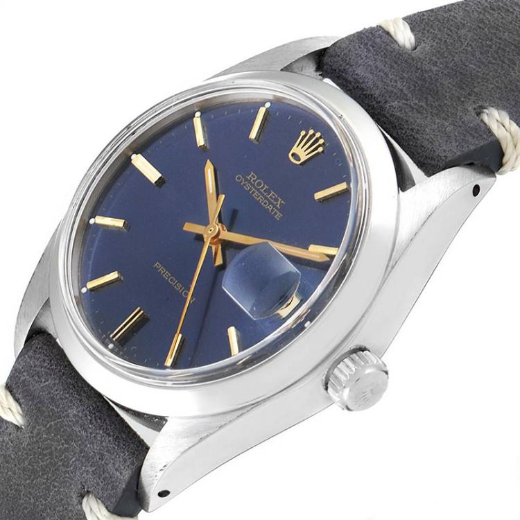 Pre Owned Rolex Blue Leather and Stainless Steel OysterDate Precision 6694 Men's Wristwatch 35MM