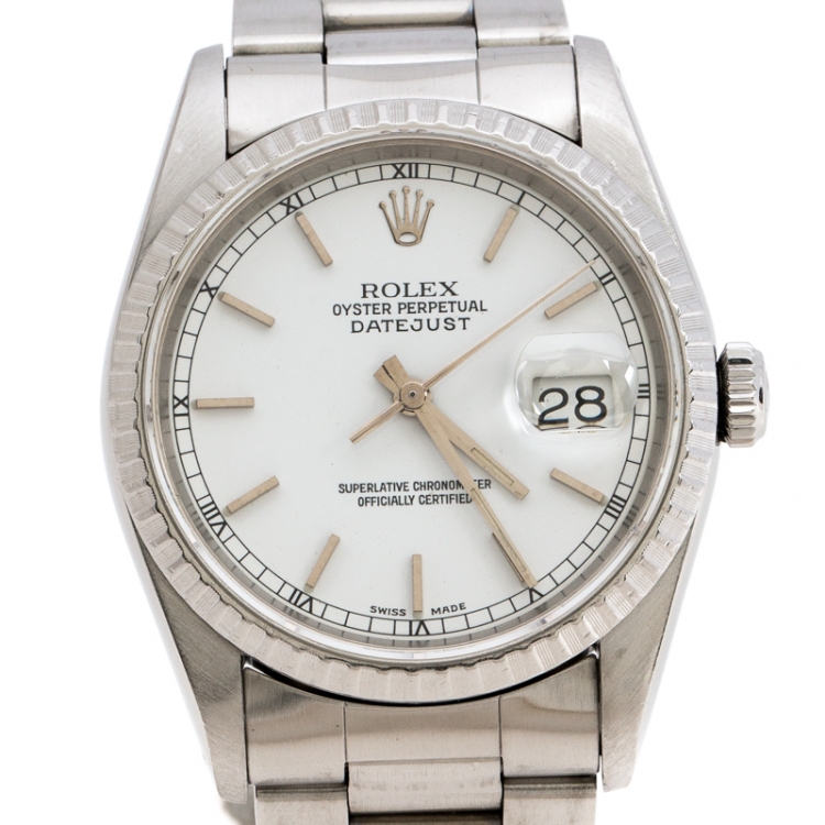 Pre Owned Rolex White Stainless Steel Datejust 16220 Men's Wristwatch 36 mm