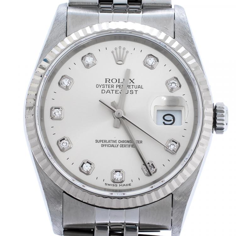 Pre Owned Rolex Silver Stainless Steel Diamonds Datejust 16234 Men's Wristwatch 36 mm