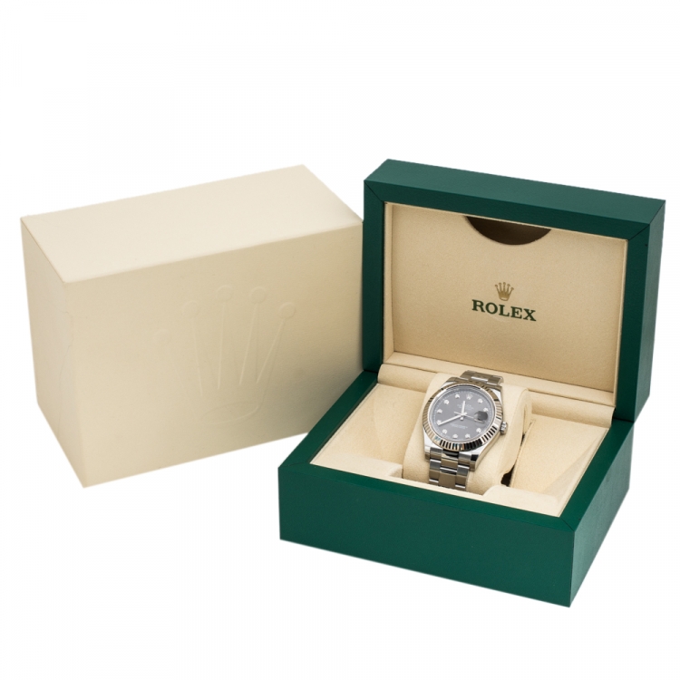 Pre Owned Rolex Grey Sunburst 18K White Gold Stainless Steel Diamond Datejust 116334 Men's Wristwatch 41 mm