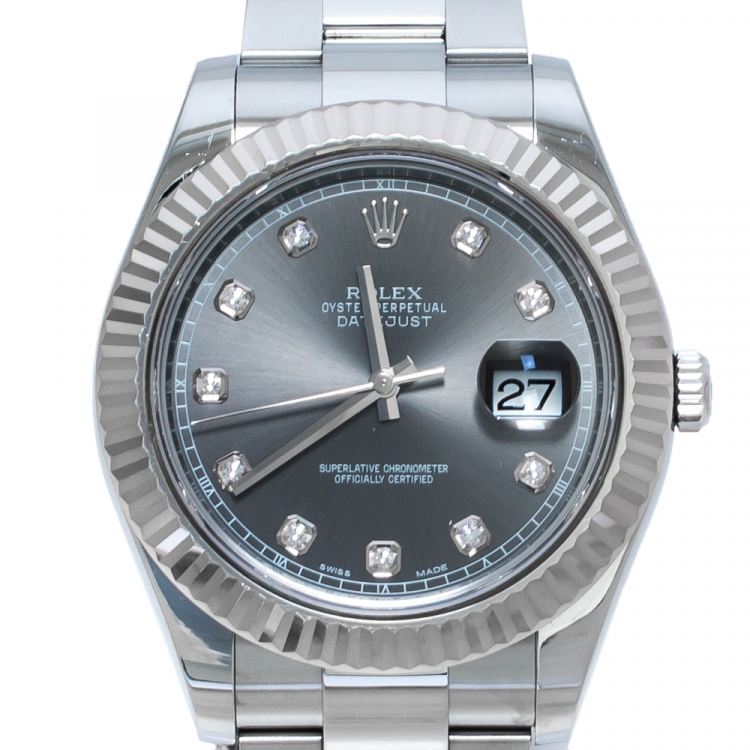 Pre Owned Rolex Grey Sunburst 18K White Gold Stainless Steel Diamond Datejust 116334 Men's Wristwatch 41 mm