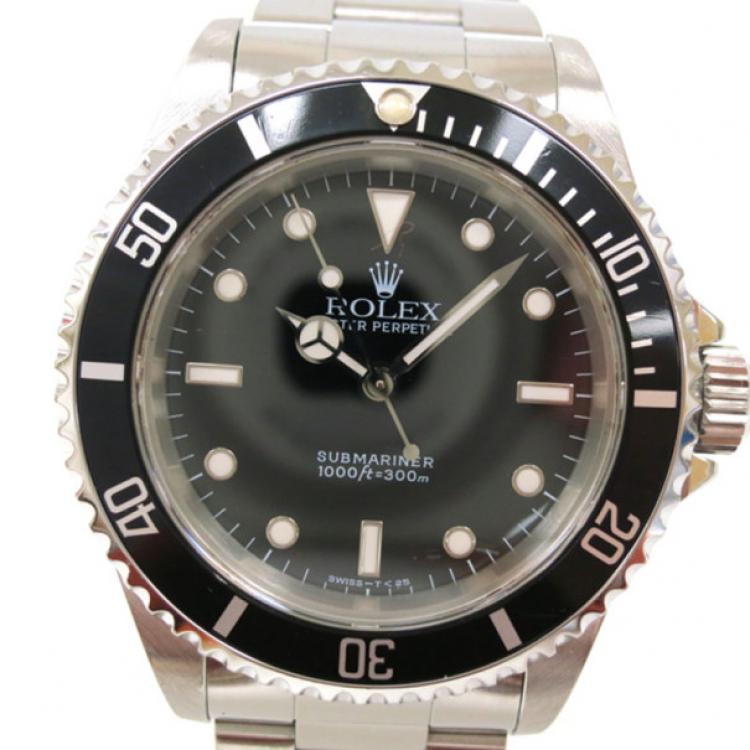 Pre Owned Rolex Submariner Non Date Wristwatch SS Black Silver Mens 