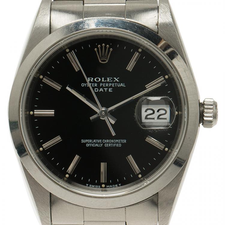 Pre Owned Rolex Black Stainless Steel Oyster Perpetual Date Men's Wristwatch 34MM