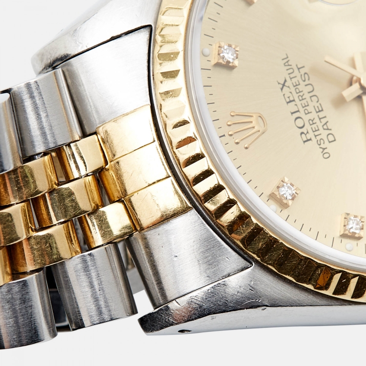 Pre Owned Rolex Champagne Diamond 18k Yellow Stainless Steel Datejust 16233 Men's Wristwatch 36 mm 