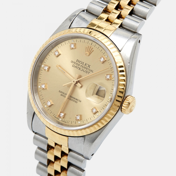 Pre Owned Rolex Champagne Diamond 18k Yellow Stainless Steel Datejust 16233 Men's Wristwatch 36 mm 