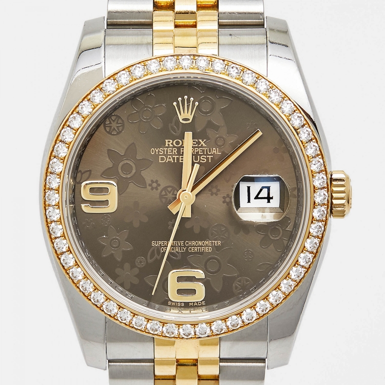 مملوكة مسبقًا Rolex Brown Flower Motif 18K Yellow Gold Diamond Stainless Steel Datejust 116243 Unisex Wristwatch 36 mm 