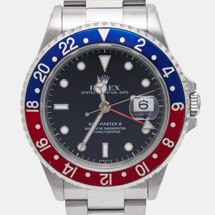 Pre Owned Rolex Black Stainless Steel GMT-Master II 'Pepsi'  16710 Men's Wristwatch 40 mm