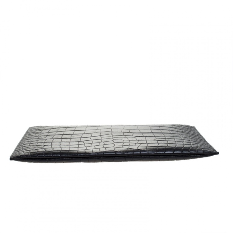 Pre Owned Saint Laurent Black Croc Embossed Zipped Tablet Holder                    