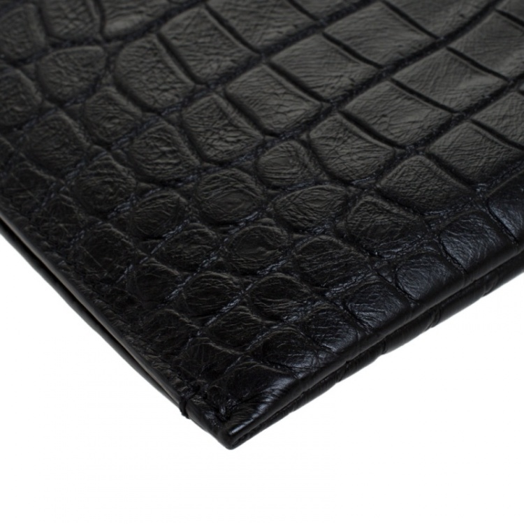 Pre Owned Saint Laurent Black Croc Embossed Zipped Tablet Holder                    