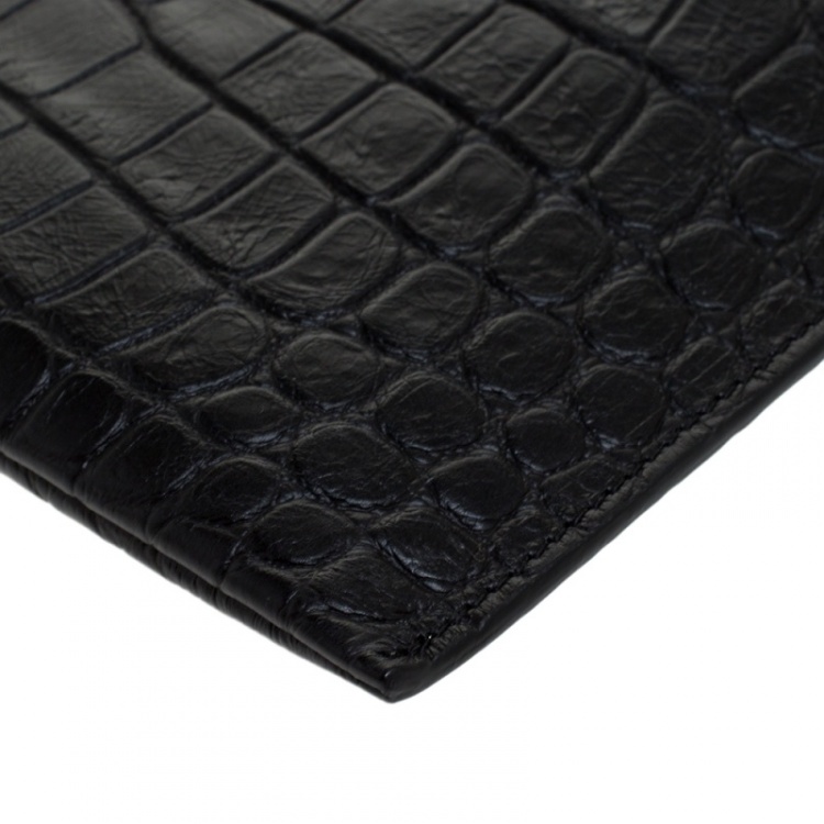 Pre Owned Saint Laurent Black Croc Embossed Zipped Tablet Holder                    