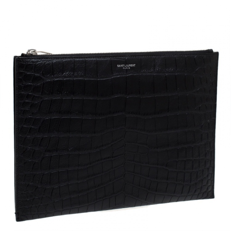 Pre Owned Saint Laurent Black Croc Embossed Zipped Tablet Holder                    