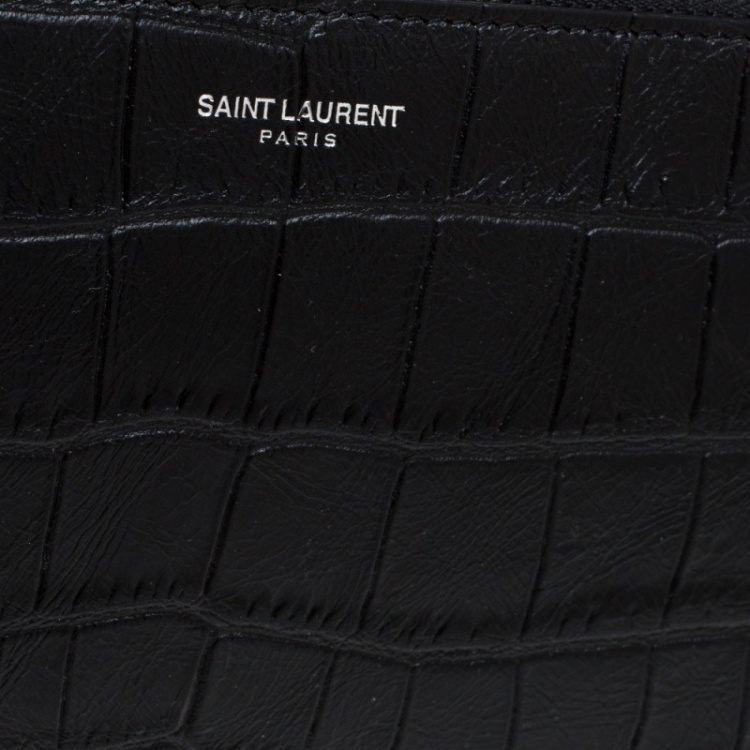 Pre Owned Saint Laurent Black Croc Embossed Zipped Tablet Holder                    