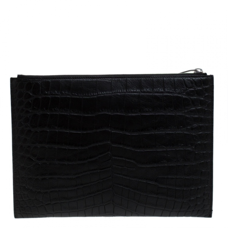 Pre Owned Saint Laurent Black Croc Embossed Zipped Tablet Holder                    