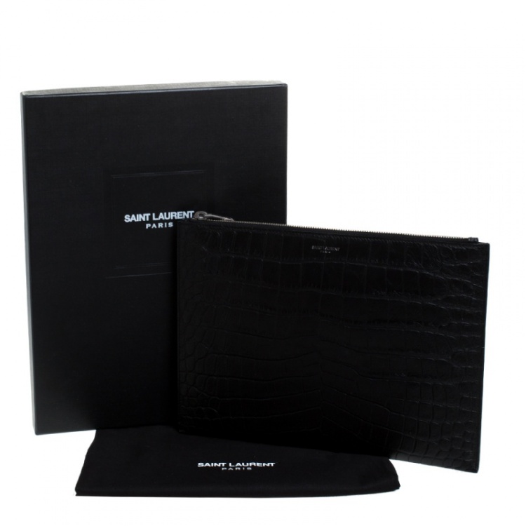 Pre Owned Saint Laurent Black Croc Embossed Zipped Tablet Holder                    